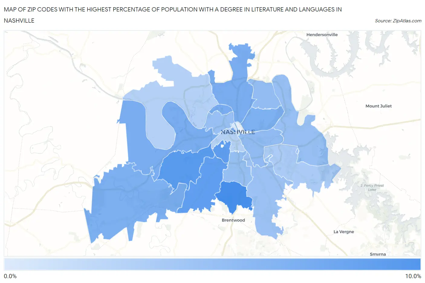 Zip Codes with the Highest Percentage of Population with a Degree in Literature and Languages in Nashville Map