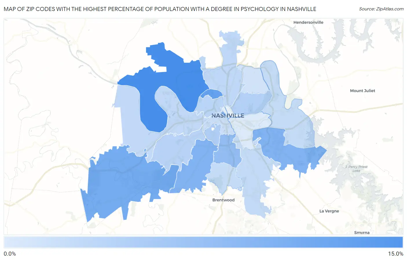 Zip Codes with the Highest Percentage of Population with a Degree in Psychology in Nashville Map