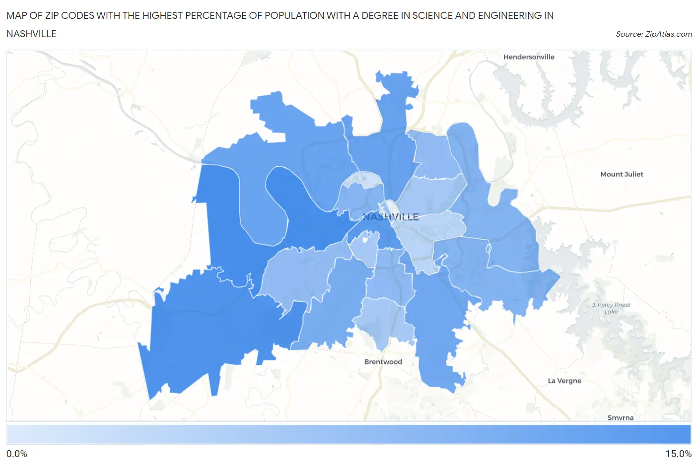 Zip Codes with the Highest Percentage of Population with a Degree in Science and Engineering in Nashville Map