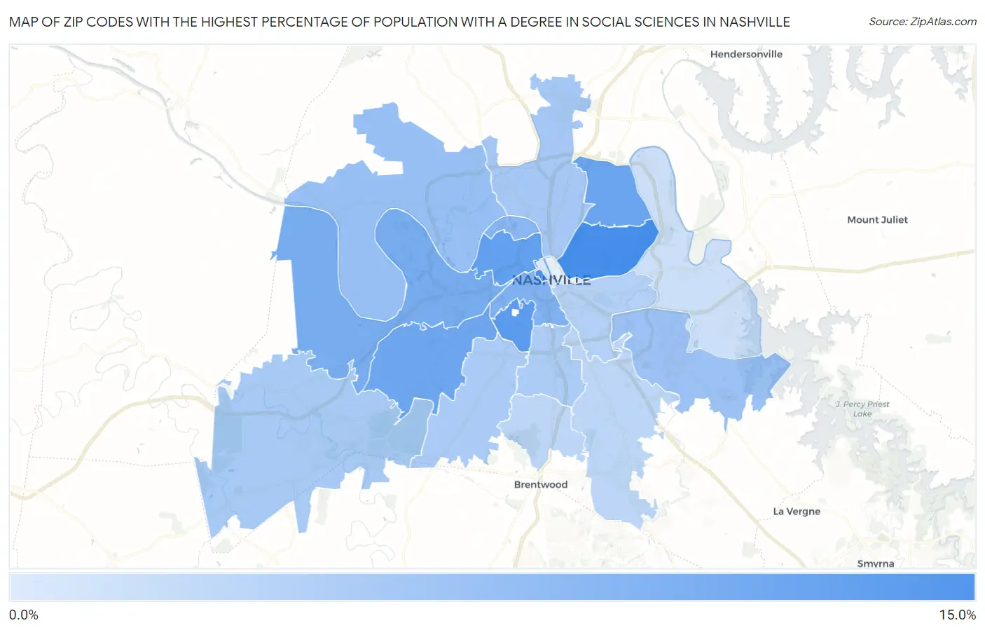 Zip Codes with the Highest Percentage of Population with a Degree in Social Sciences in Nashville Map