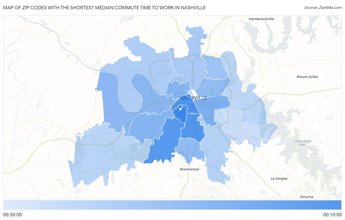 Zip Codes with the Shortest Median Commute Time to Work in Nashville Map