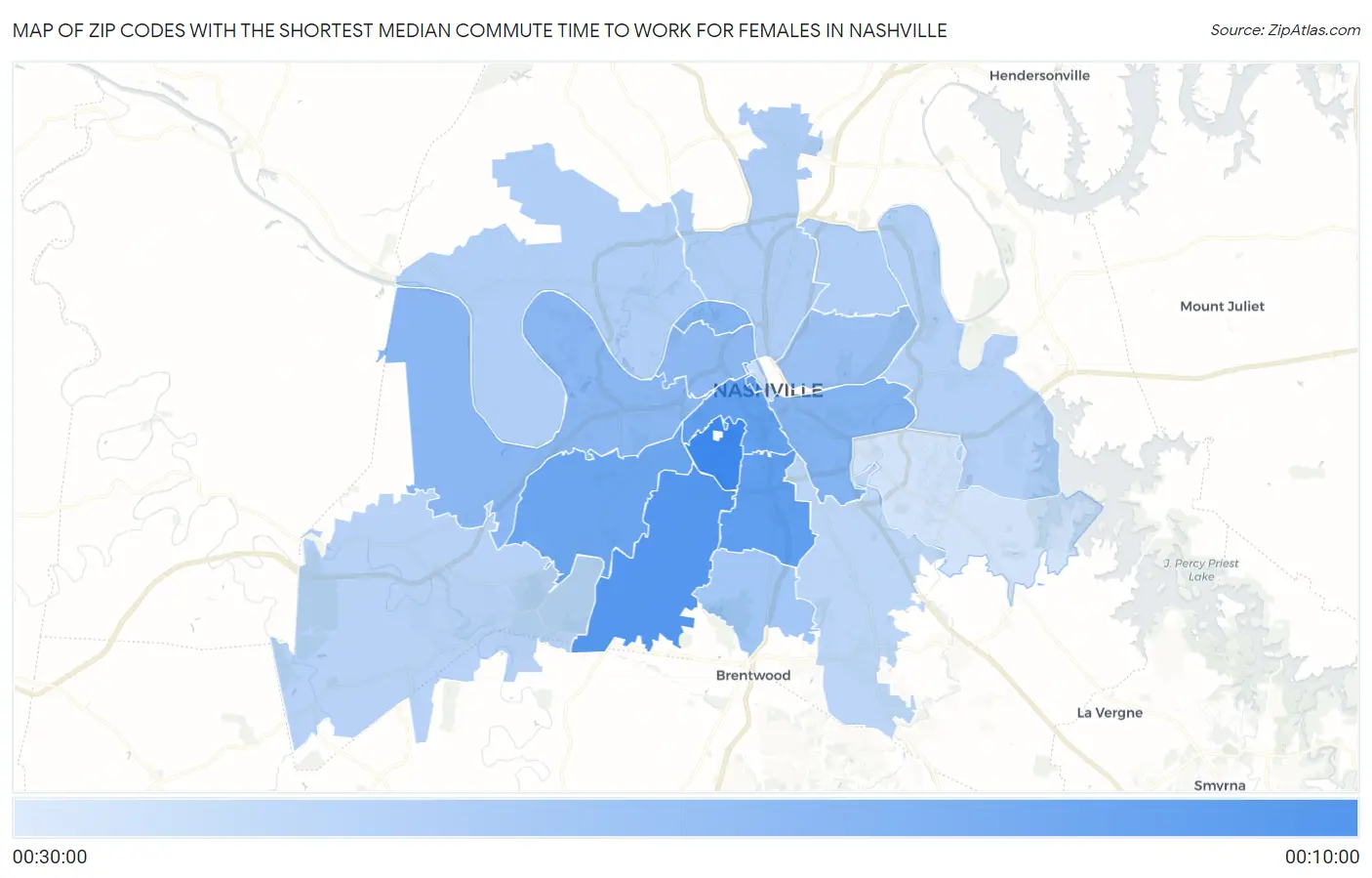 Zip Codes with the Shortest Median Commute Time to Work for Females in Nashville Map