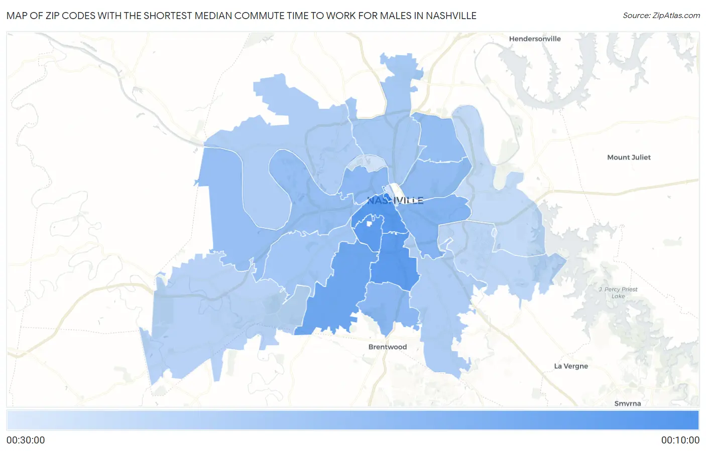Zip Codes with the Shortest Median Commute Time to Work for Males in Nashville Map