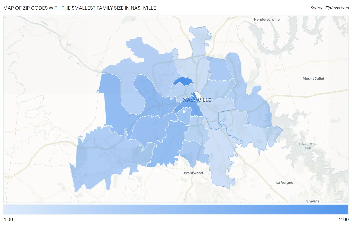 Zip Codes with the Smallest Family Size in Nashville Map