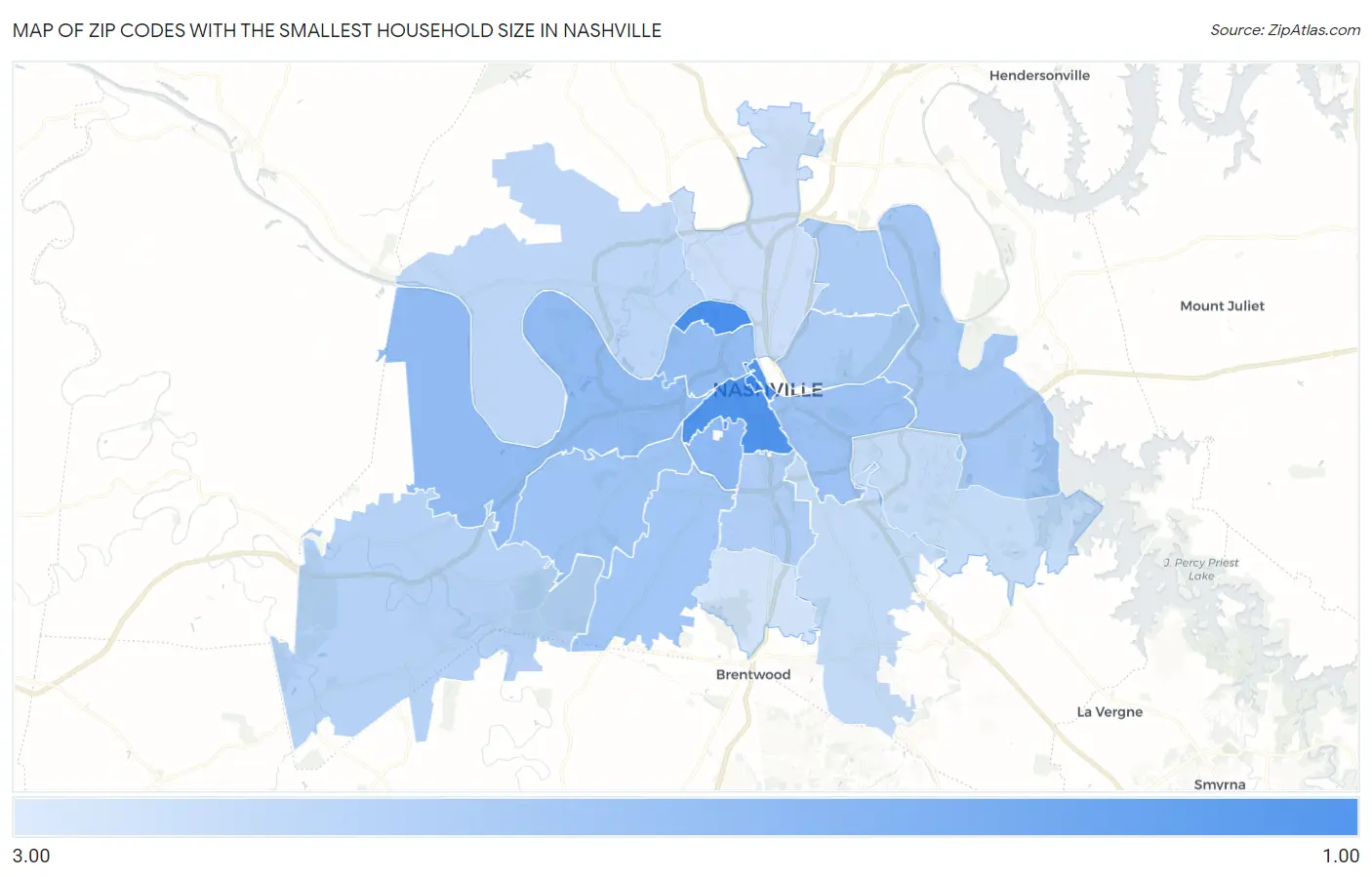 Zip Codes with the Smallest Household Size in Nashville Map