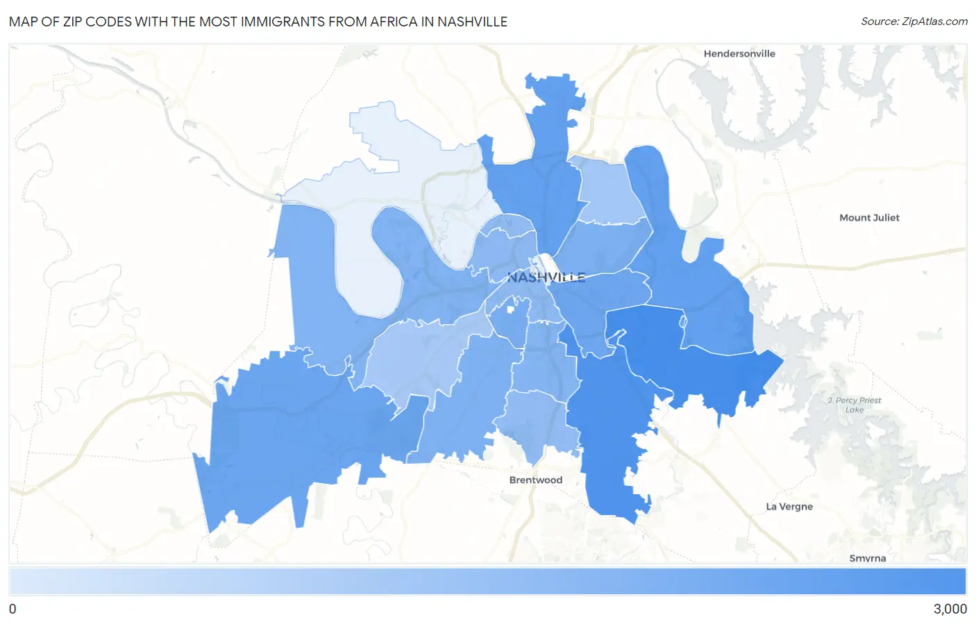 Zip Codes with the Most Immigrants from Africa in Nashville Map