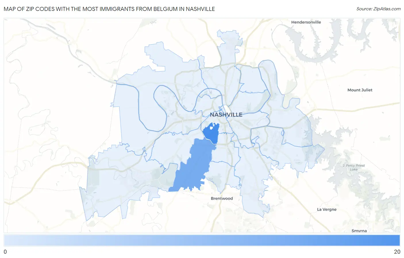 Zip Codes with the Most Immigrants from Belgium in Nashville Map