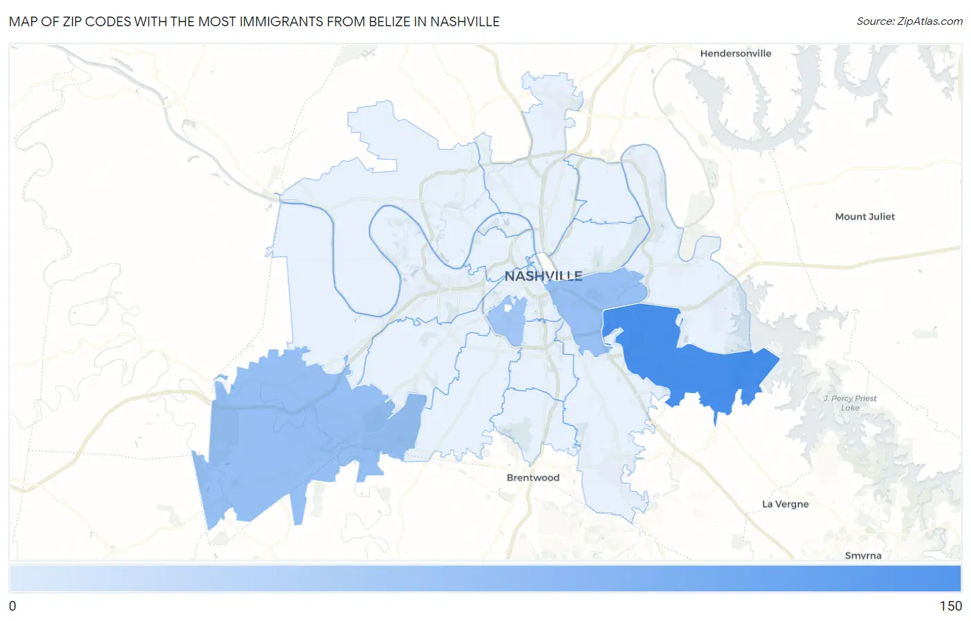 Zip Codes with the Most Immigrants from Belize in Nashville Map