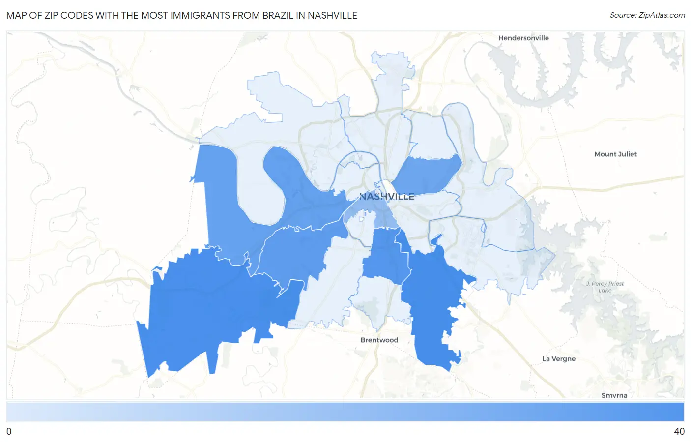 Zip Codes with the Most Immigrants from Brazil in Nashville Map