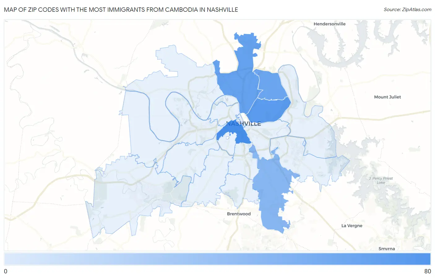 Zip Codes with the Most Immigrants from Cambodia in Nashville Map