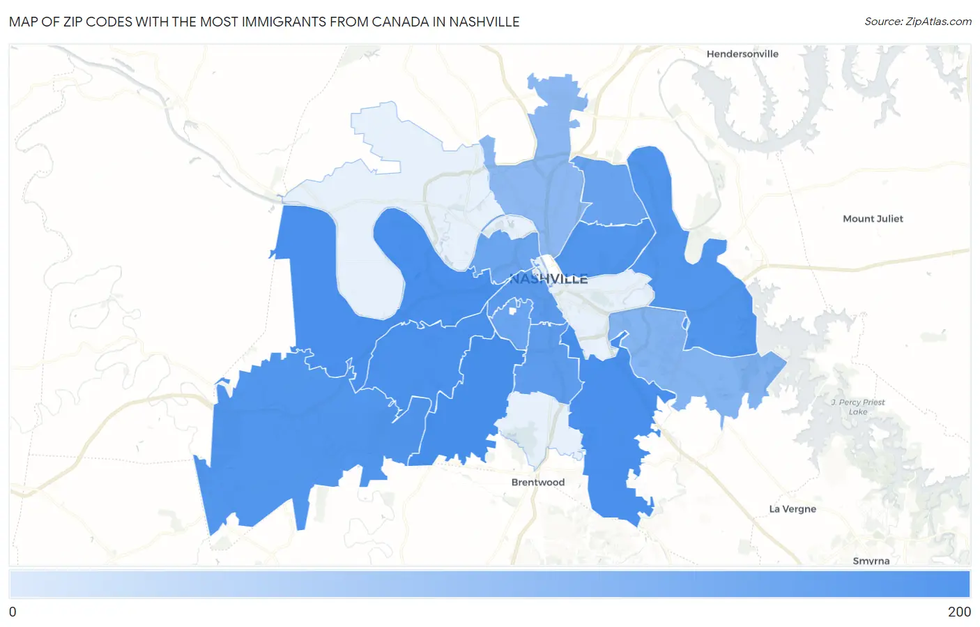 Zip Codes with the Most Immigrants from Canada in Nashville Map