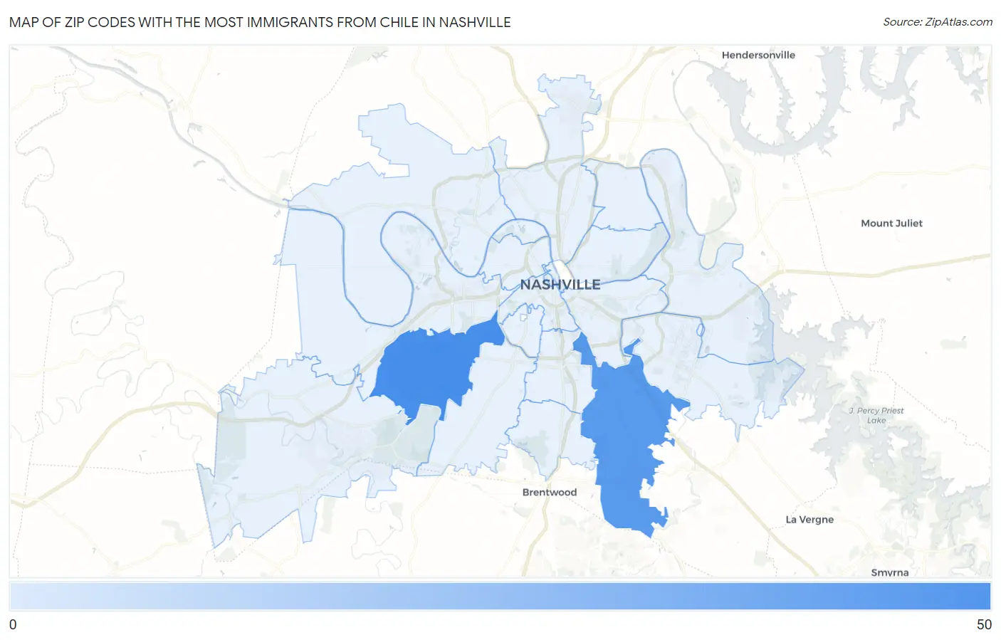 Zip Codes with the Most Immigrants from Chile in Nashville Map
