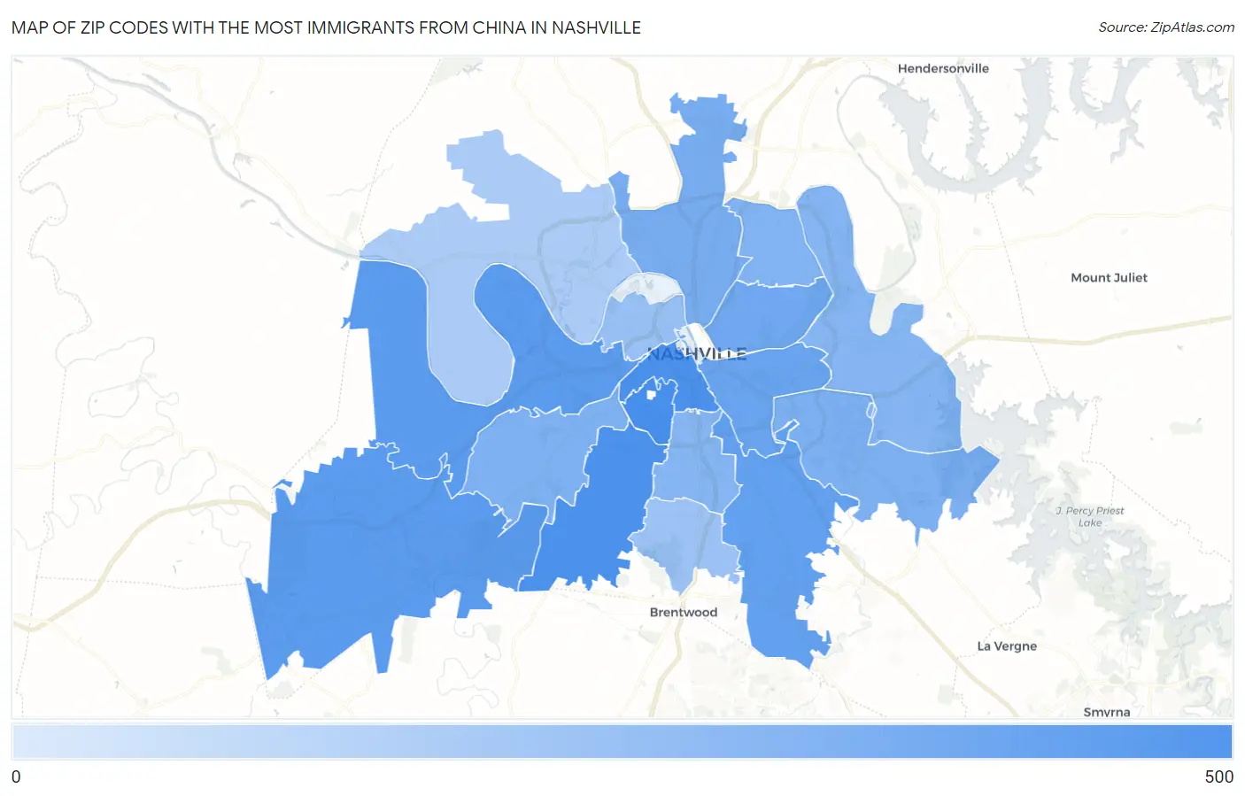 Zip Codes with the Most Immigrants from China in Nashville Map