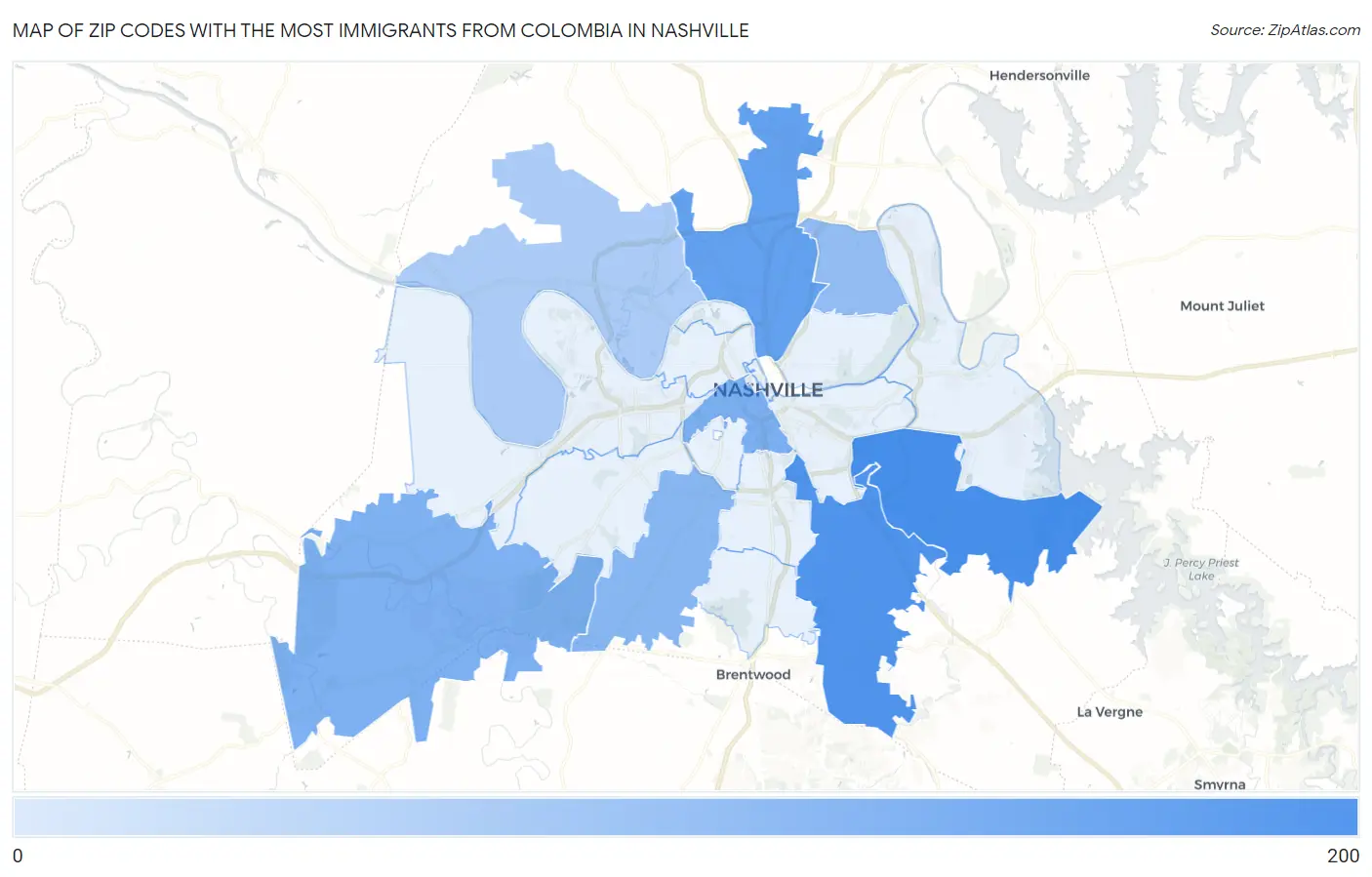 Zip Codes with the Most Immigrants from Colombia in Nashville Map