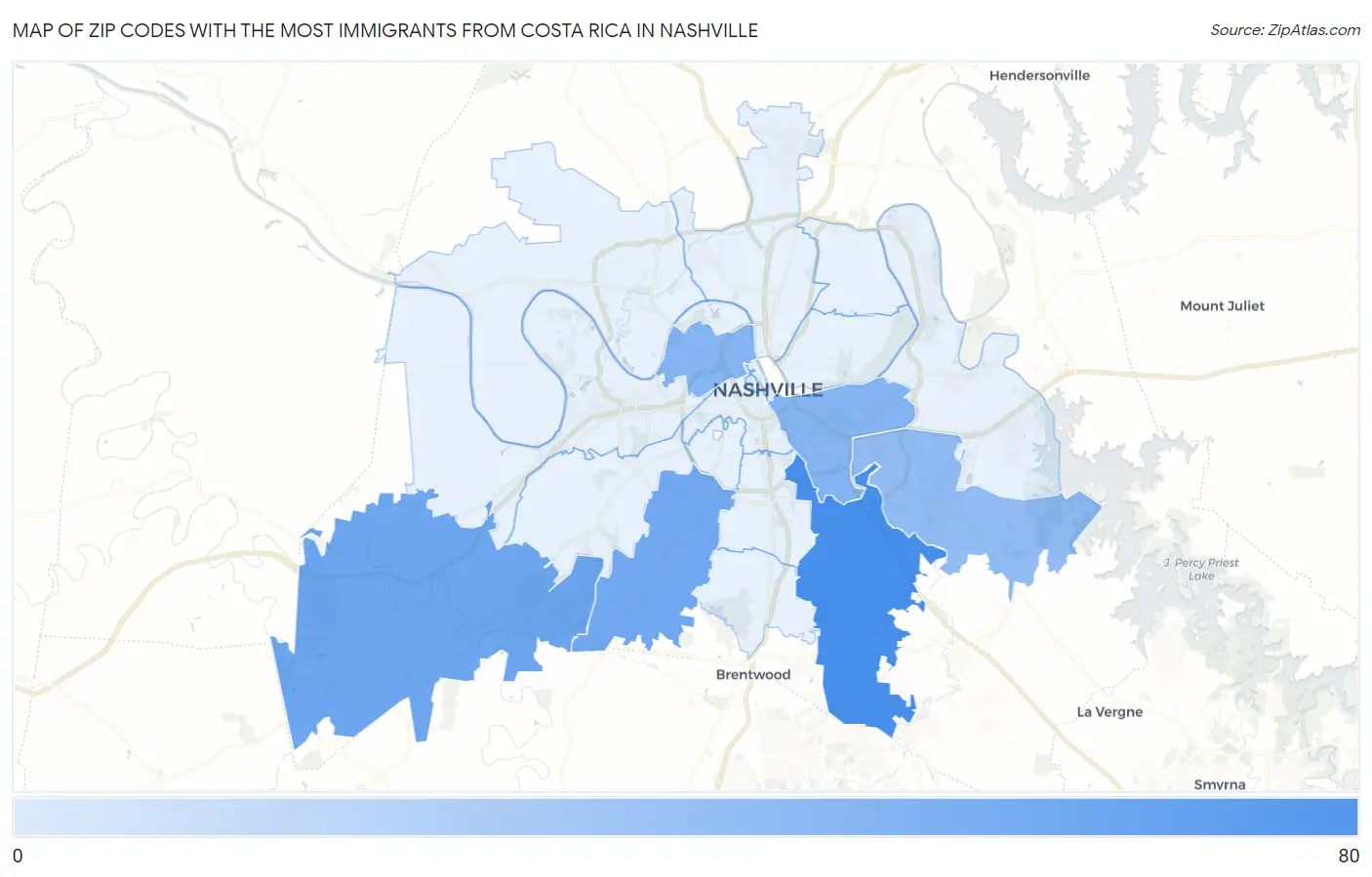 Zip Codes with the Most Immigrants from Costa Rica in Nashville Map