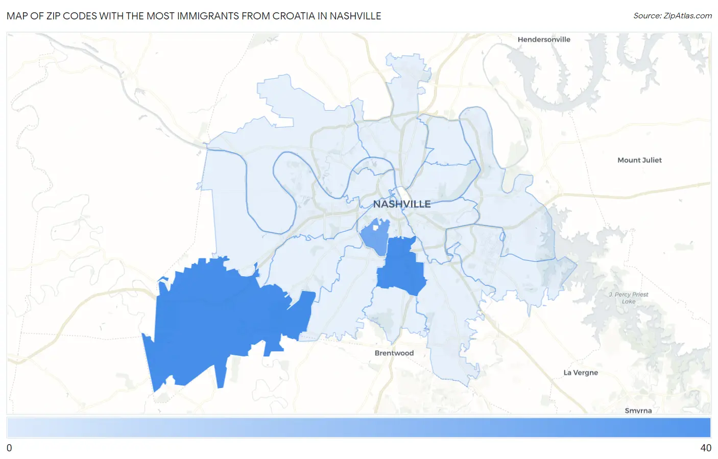 Zip Codes with the Most Immigrants from Croatia in Nashville Map