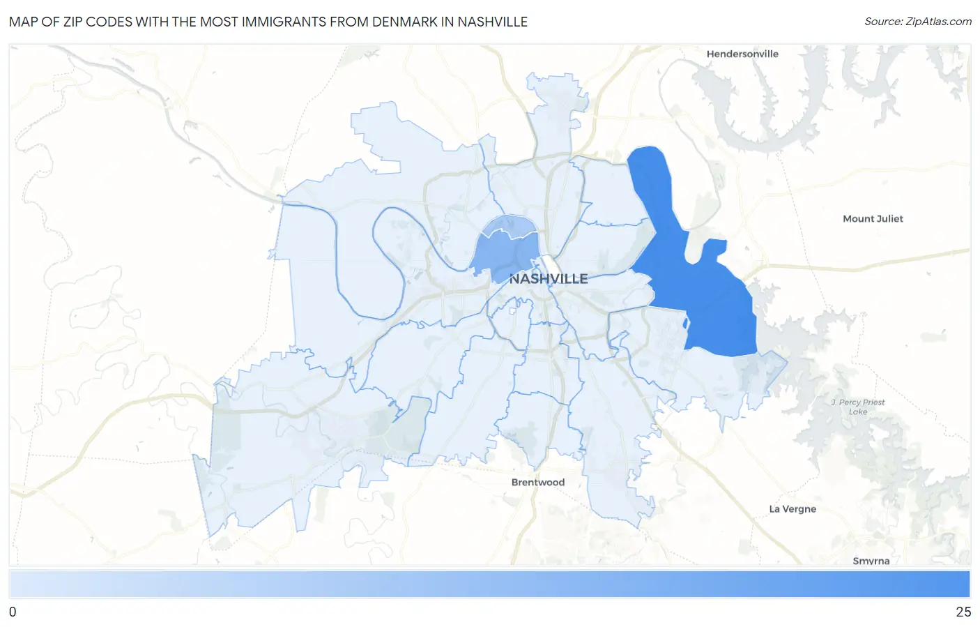 Zip Codes with the Most Immigrants from Denmark in Nashville Map
