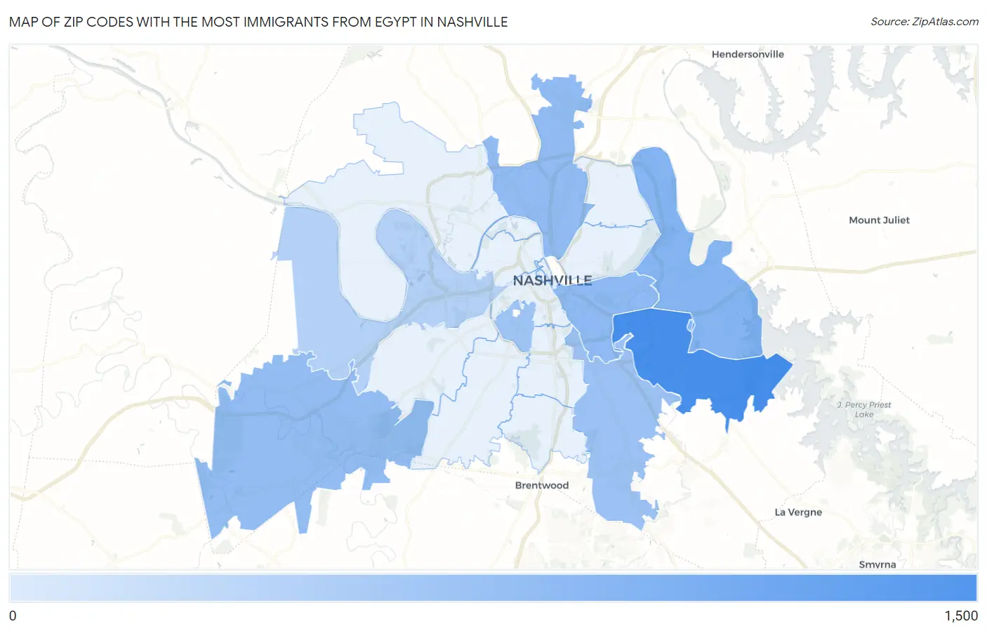 Zip Codes with the Most Immigrants from Egypt in Nashville Map
