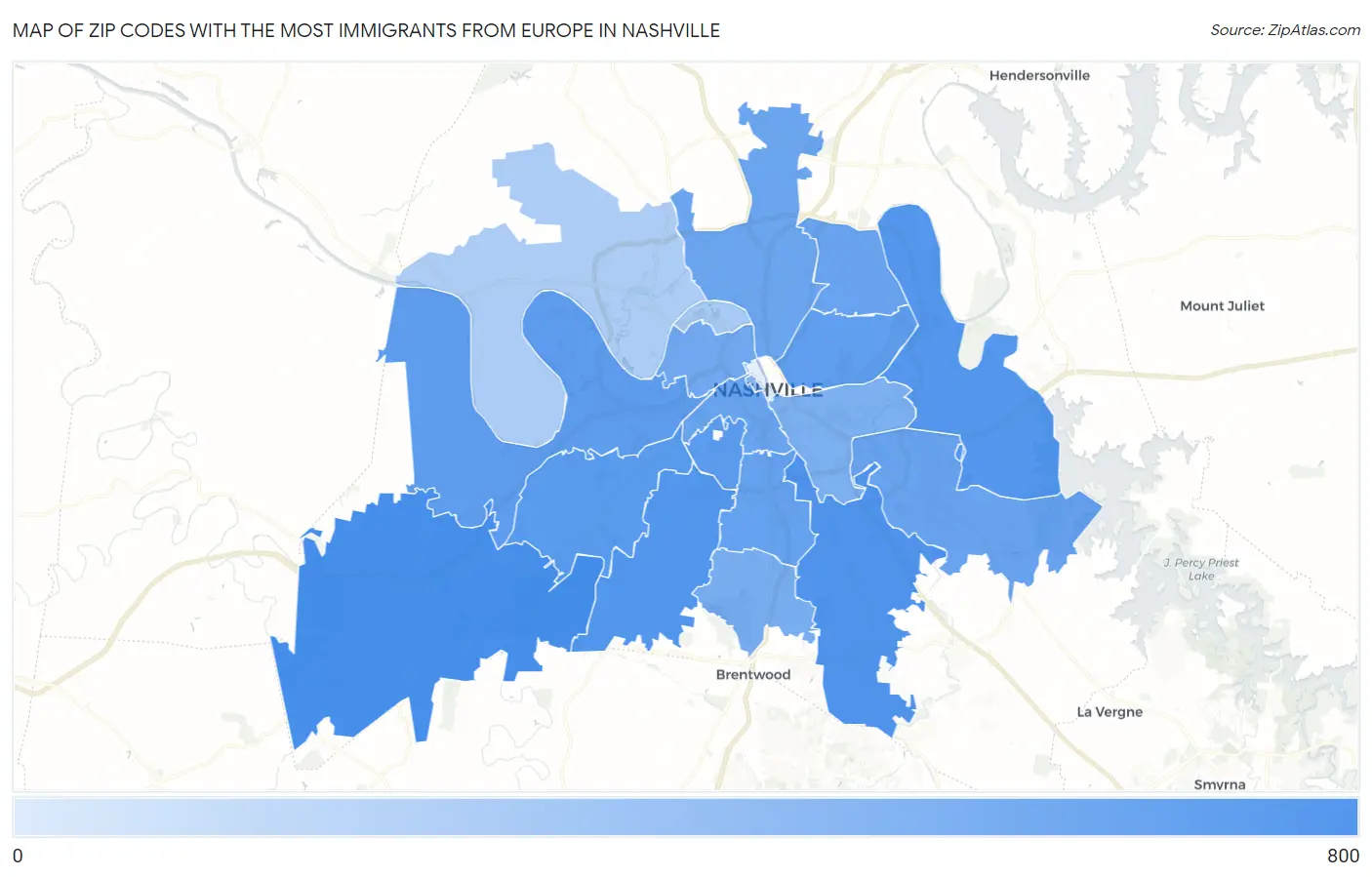 Zip Codes with the Most Immigrants from Europe in Nashville Map