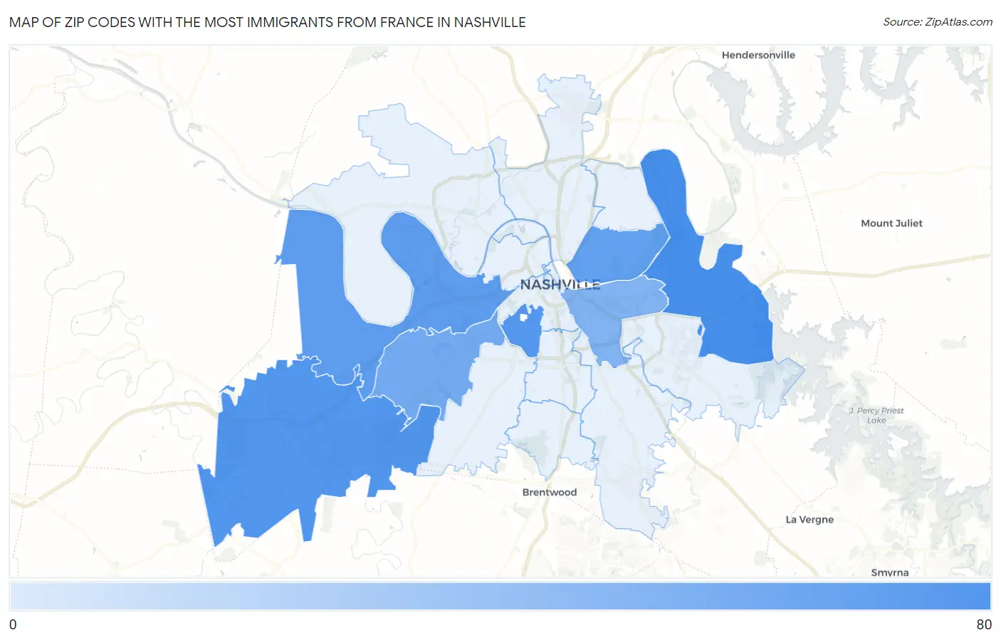 Zip Codes with the Most Immigrants from France in Nashville Map