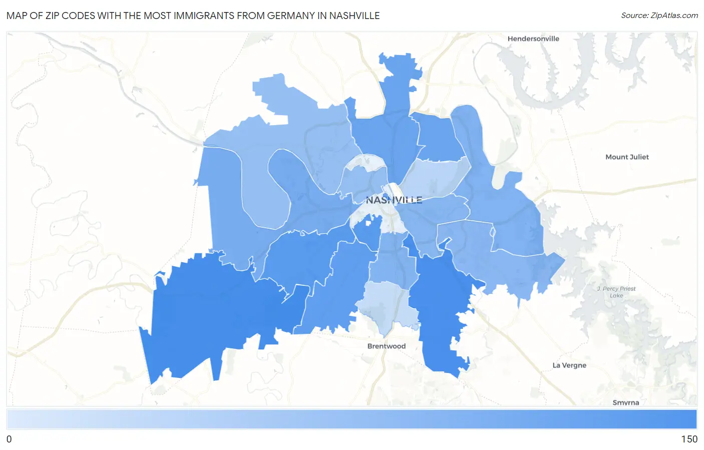 Zip Codes with the Most Immigrants from Germany in Nashville Map