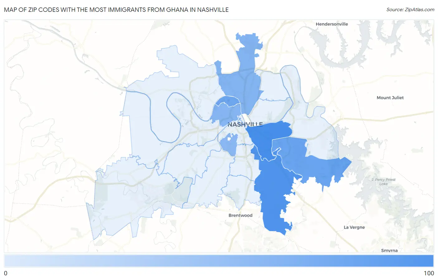 Zip Codes with the Most Immigrants from Ghana in Nashville Map