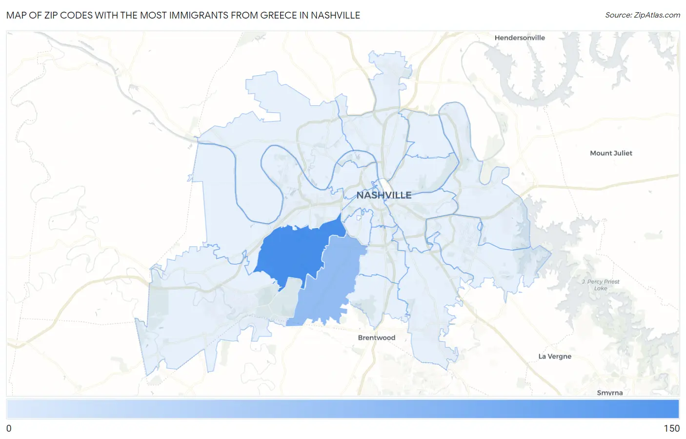 Zip Codes with the Most Immigrants from Greece in Nashville Map