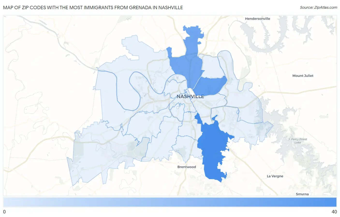 Zip Codes with the Most Immigrants from Grenada in Nashville Map