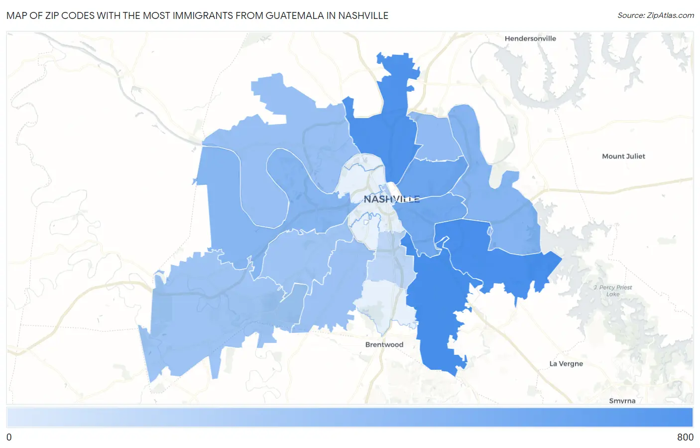 Zip Codes with the Most Immigrants from Guatemala in Nashville Map