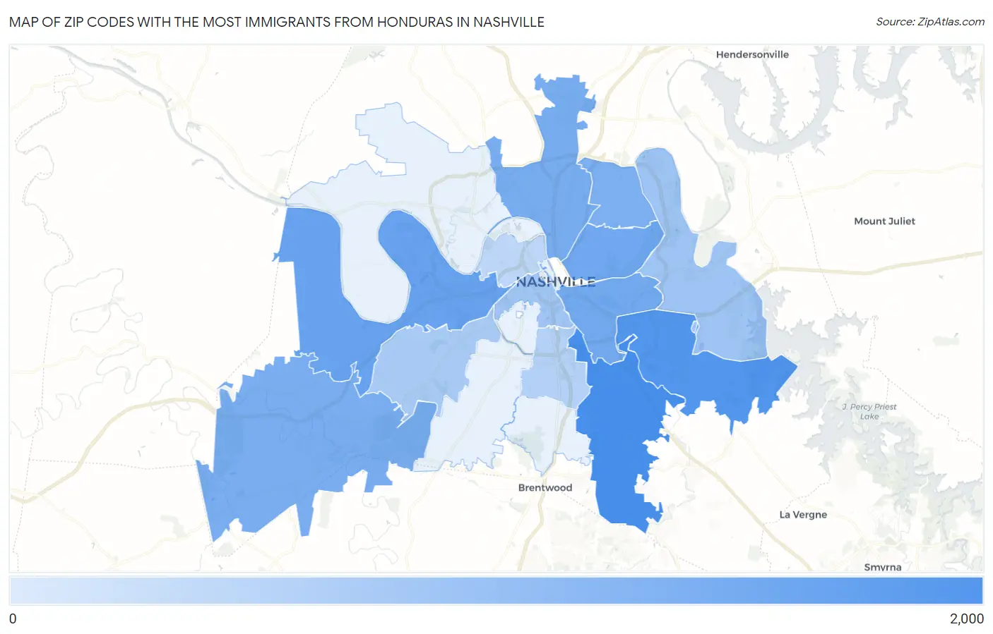 Zip Codes with the Most Immigrants from Honduras in Nashville Map