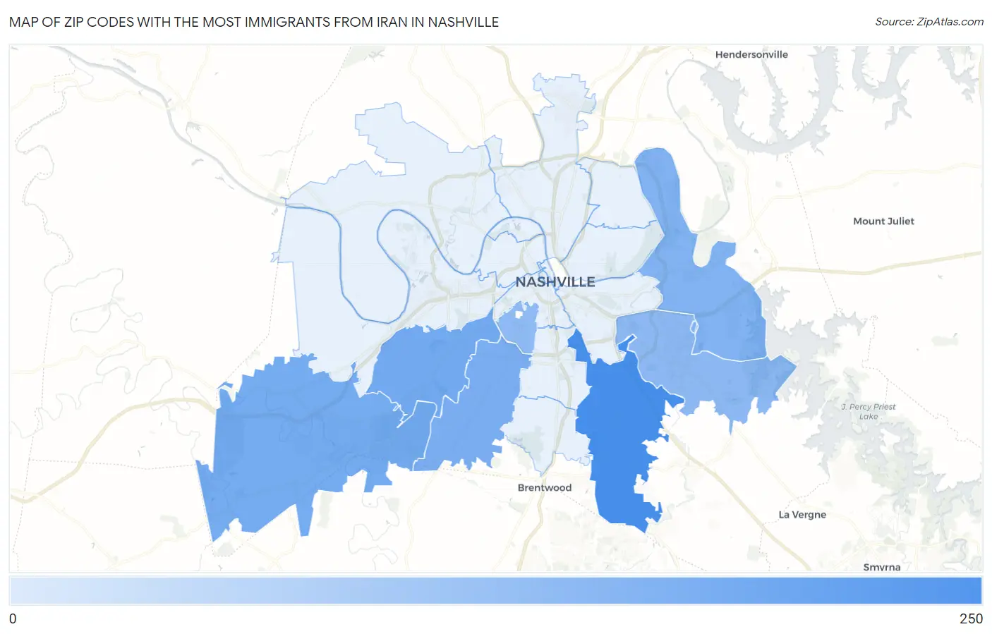 Zip Codes with the Most Immigrants from Iran in Nashville Map