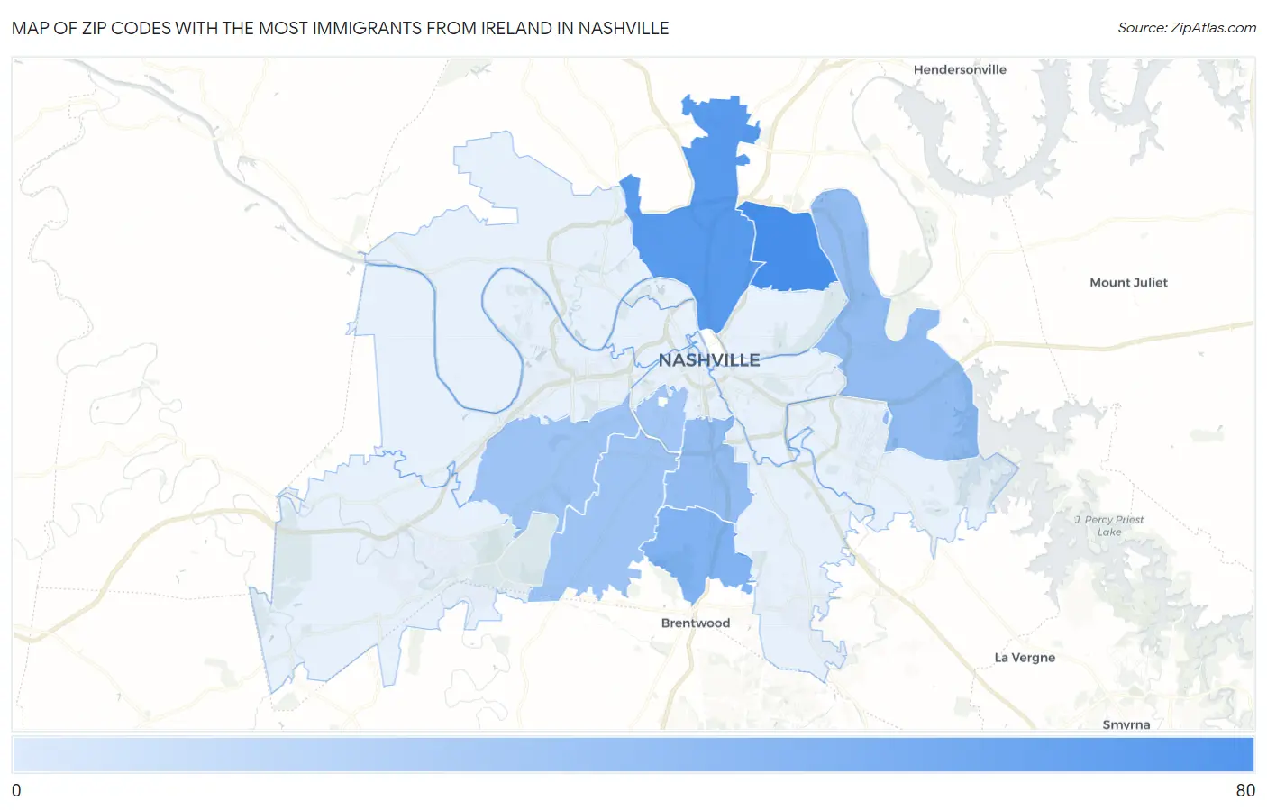 Zip Codes with the Most Immigrants from Ireland in Nashville Map