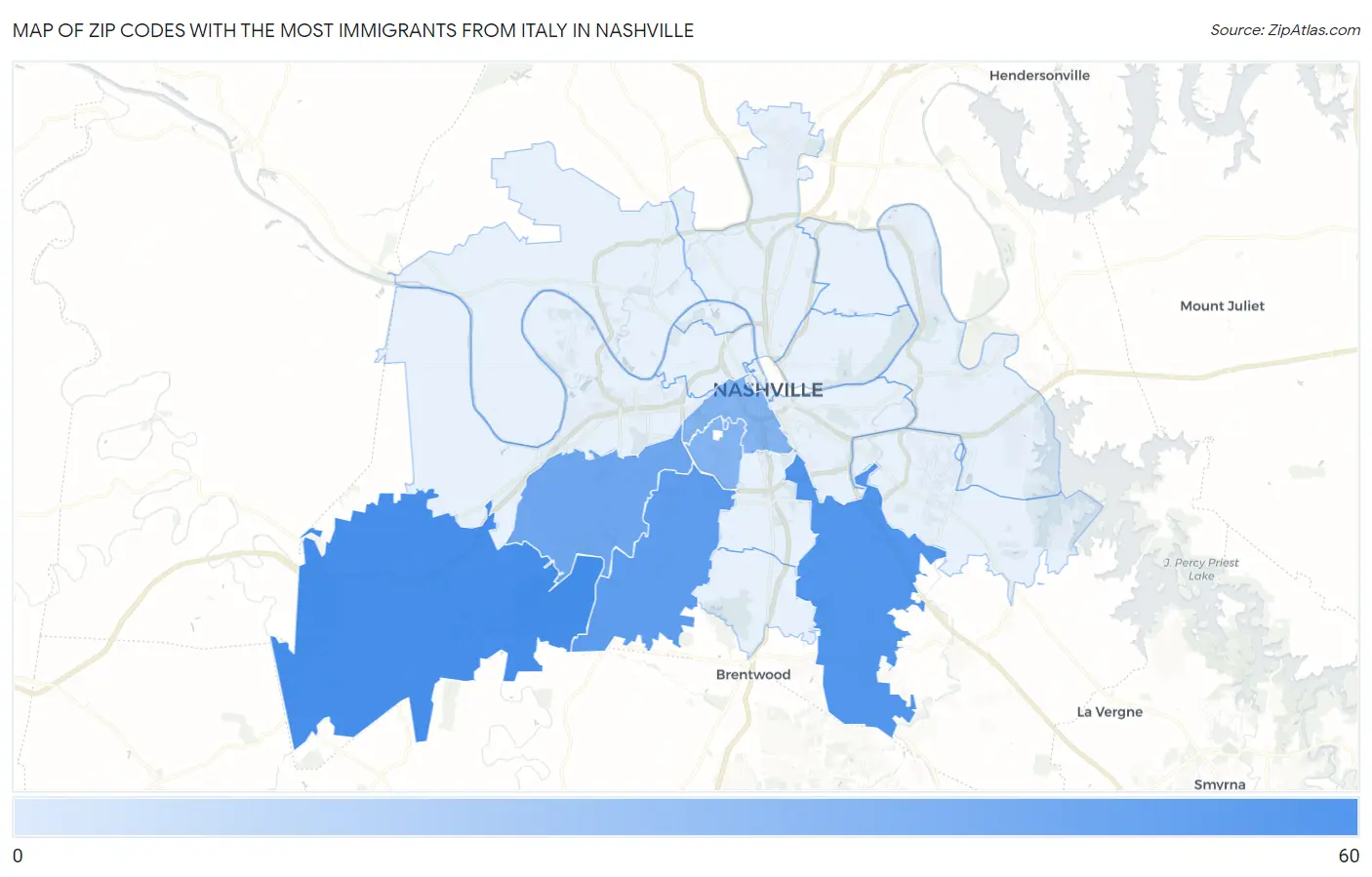 Zip Codes with the Most Immigrants from Italy in Nashville Map