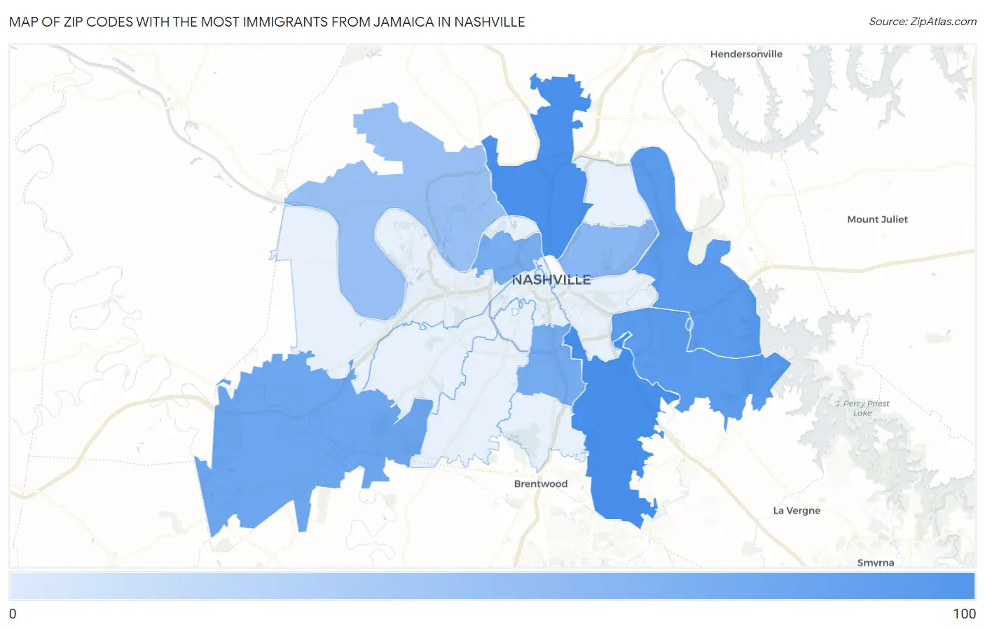 Zip Codes with the Most Immigrants from Jamaica in Nashville Map