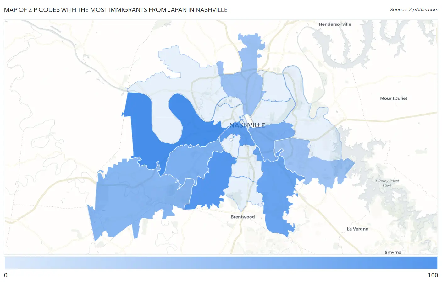Zip Codes with the Most Immigrants from Japan in Nashville Map