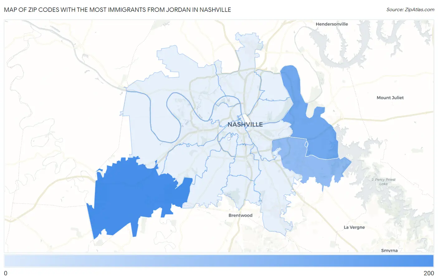 Zip Codes with the Most Immigrants from Jordan in Nashville Map