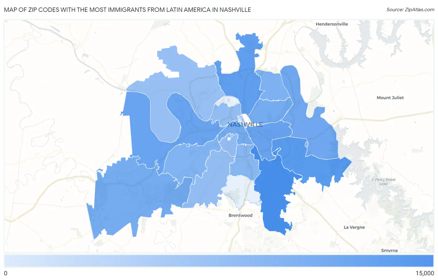 Zip Codes with the Most Immigrants from Latin America in Nashville Map