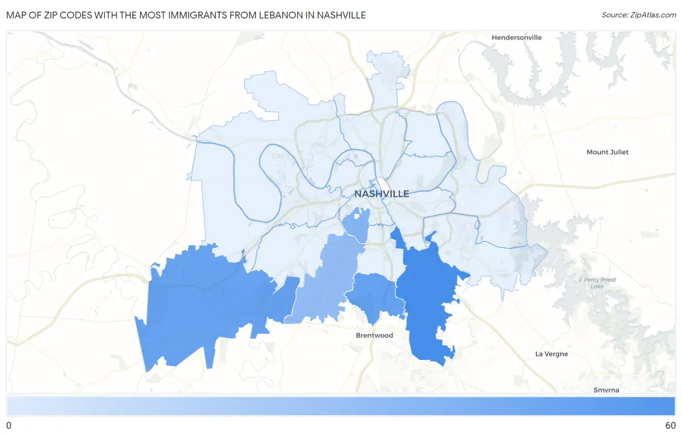 Zip Codes with the Most Immigrants from Lebanon in Nashville Map