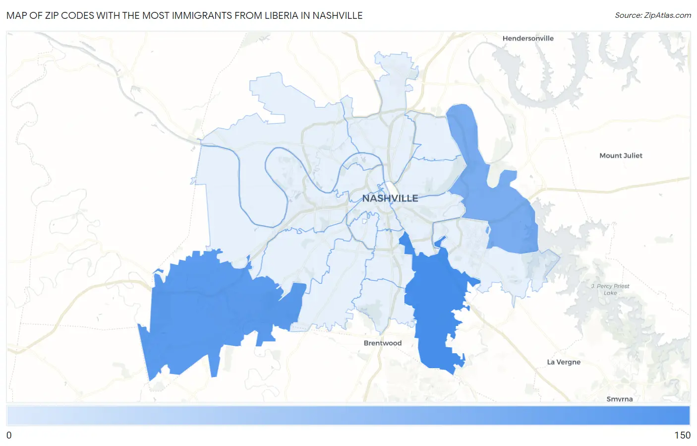 Zip Codes with the Most Immigrants from Liberia in Nashville Map