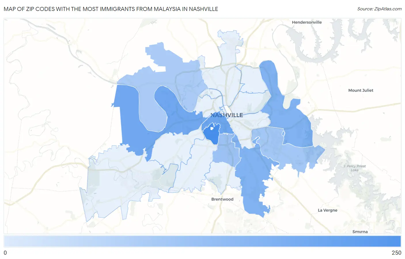 Zip Codes with the Most Immigrants from Malaysia in Nashville Map