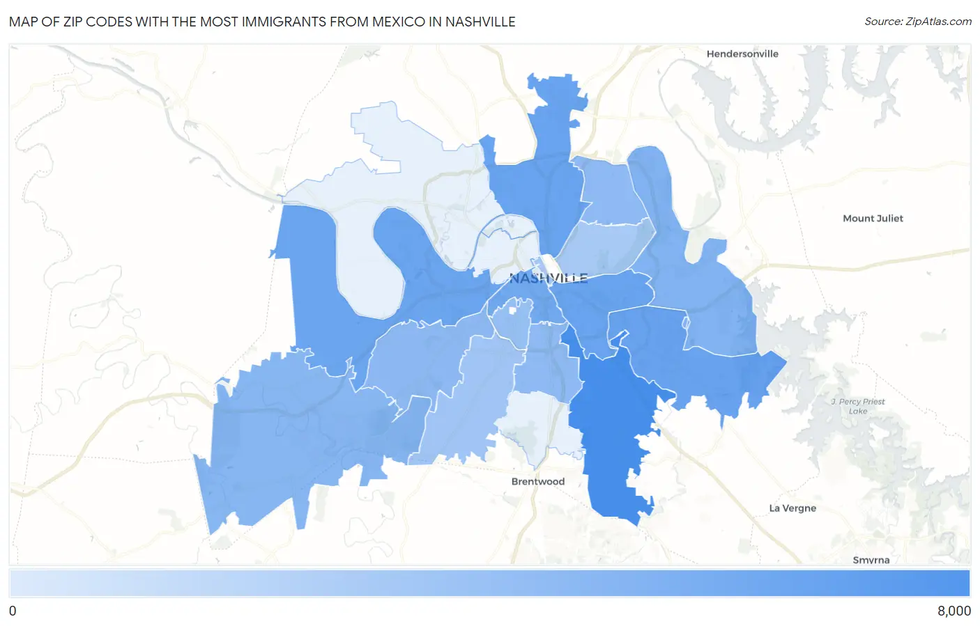 Zip Codes with the Most Immigrants from Mexico in Nashville Map
