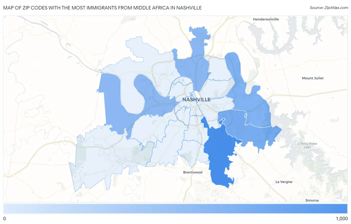 Zip Codes with the Most Immigrants from Middle Africa in Nashville Map