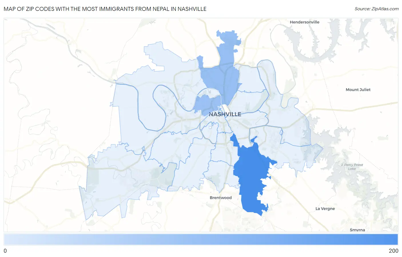 Zip Codes with the Most Immigrants from Nepal in Nashville Map