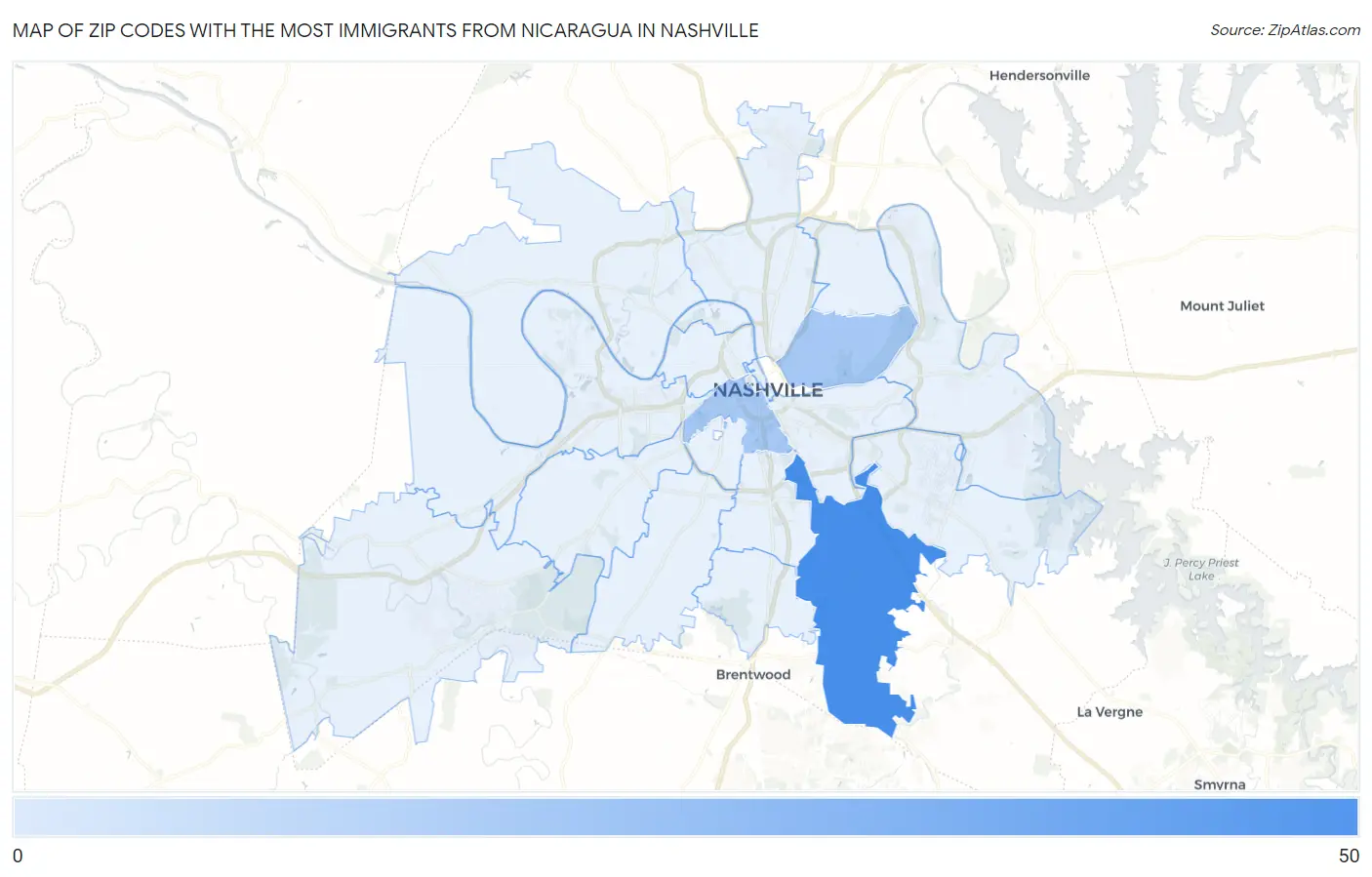 Zip Codes with the Most Immigrants from Nicaragua in Nashville Map