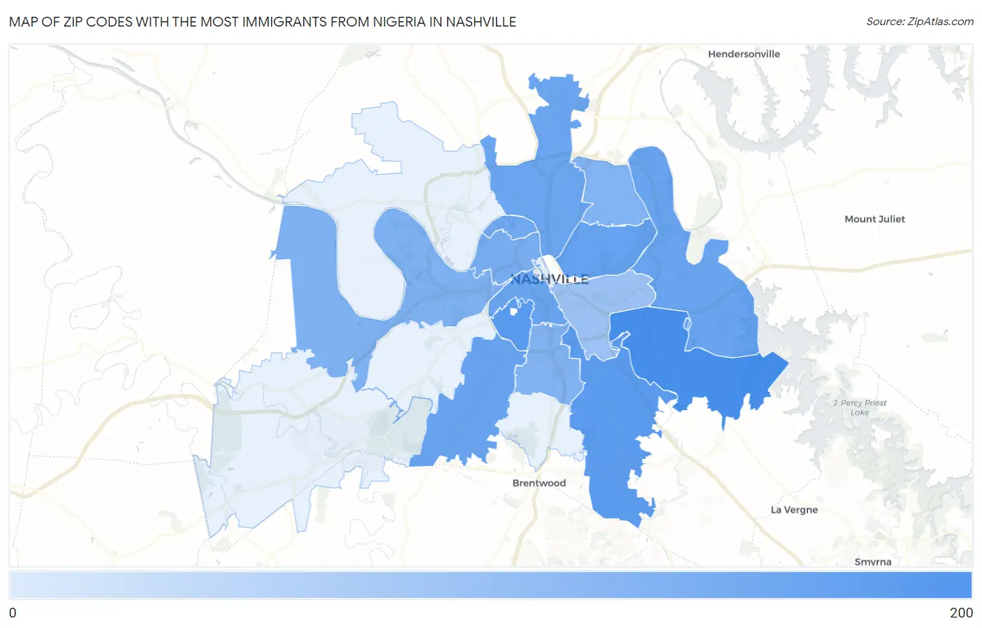 Zip Codes with the Most Immigrants from Nigeria in Nashville Map