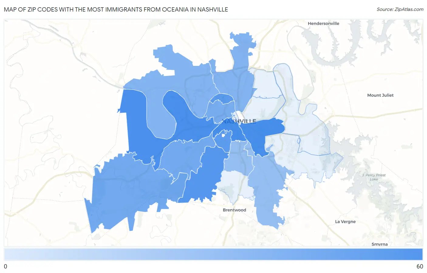 Zip Codes with the Most Immigrants from Oceania in Nashville Map