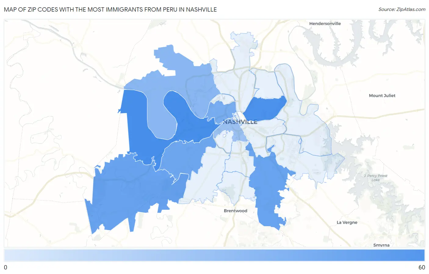 Zip Codes with the Most Immigrants from Peru in Nashville Map