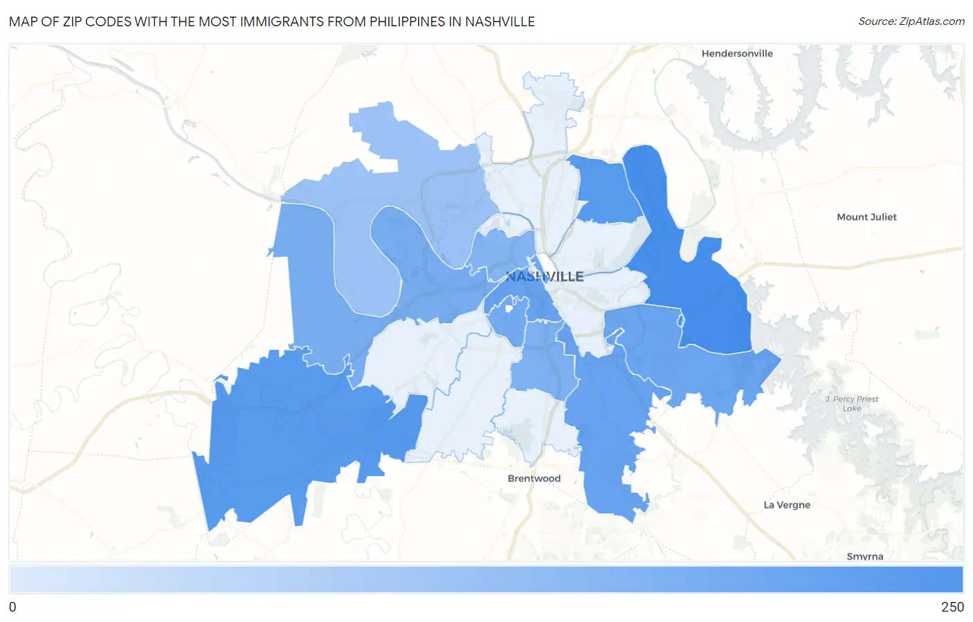 Zip Codes with the Most Immigrants from Philippines in Nashville Map
