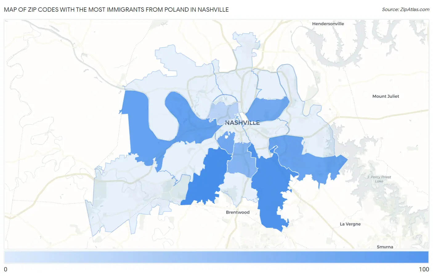 Zip Codes with the Most Immigrants from Poland in Nashville Map