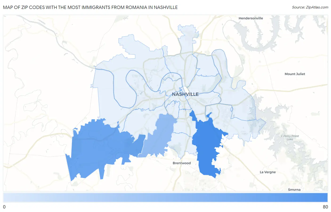 Zip Codes with the Most Immigrants from Romania in Nashville Map